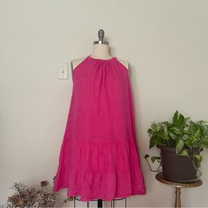 Bellambra Linen Shift Dress Bright Pink Tiered Tie Back